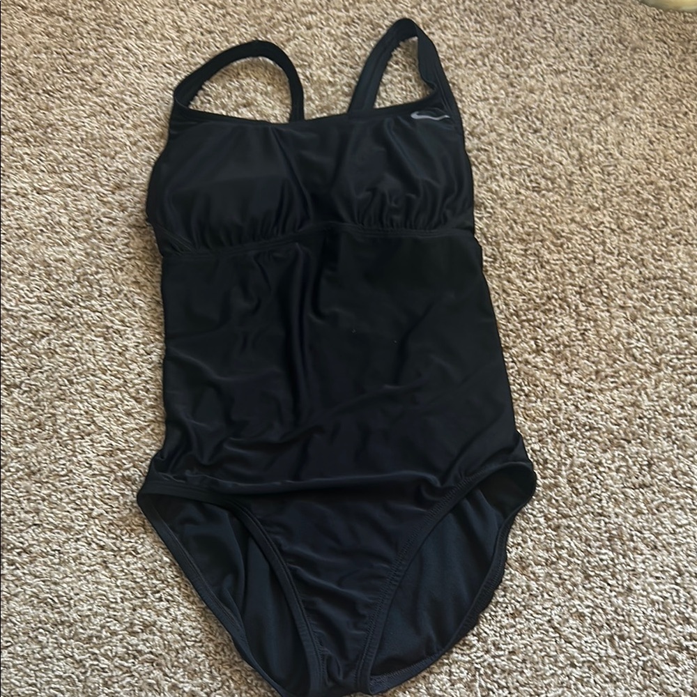 Black One Piece Swimsuit with Tank Top Style and Textured Design